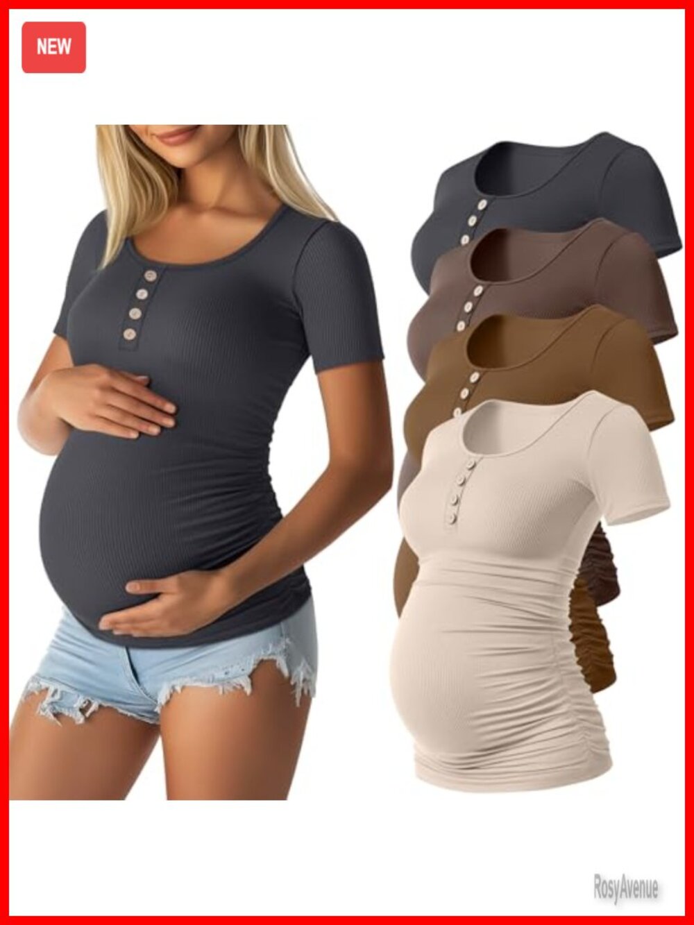 Maternity Short Sleeve T-Shirts 4 Pack Cotton Spandex Henley Ruch